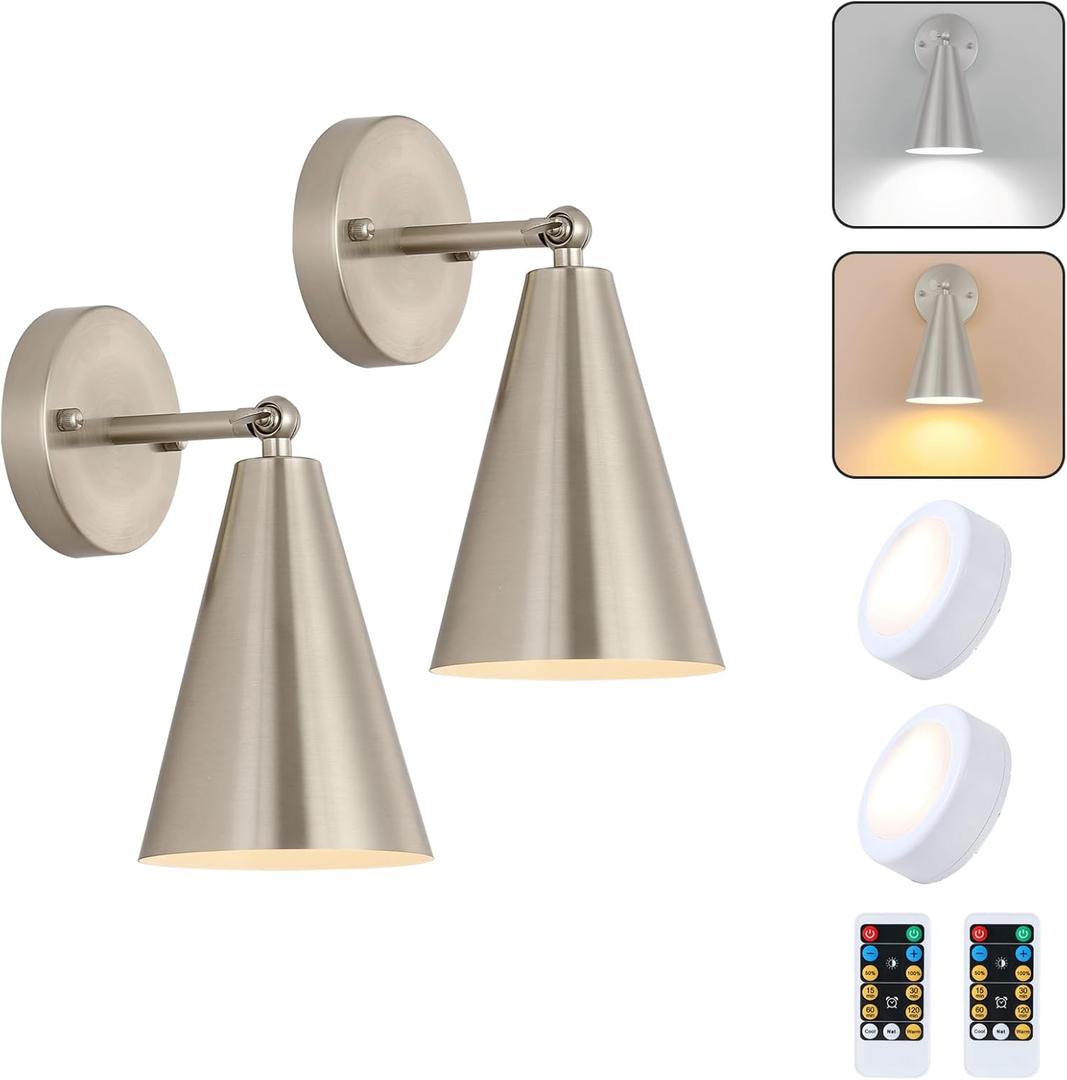 MWZ Brushed Nickel Battery Operated Wall Sconces Set of Two,Wireless Lighting with Remote Control, Modern Dimmable 2 Color Temperatures Adjustable Angle Wall Mount Lamp with Silver Metal Shade