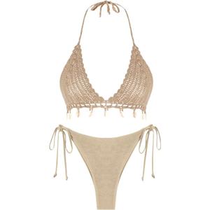 ZAFUL Women Bikini Set Boho Shell Tassel Crochet Tie Swimwear Halter Cheeky Swimsuit Bathing Suit (Medium, 0451-khaki)