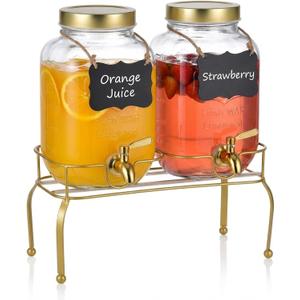 1 Gallon Glass Drink Dispenser Set of 2 Drink Dispensers for Parties, Beverage Dispenser with Stand & 100% Leakproof Spigot, Ideal for Lemonade, Juice, Laundry Detergent Dispenser