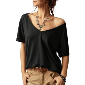 Women's V Neck Tee Short Sleeve Drop Shoulder Loose T-Shirts Casual Tops (Black, L)