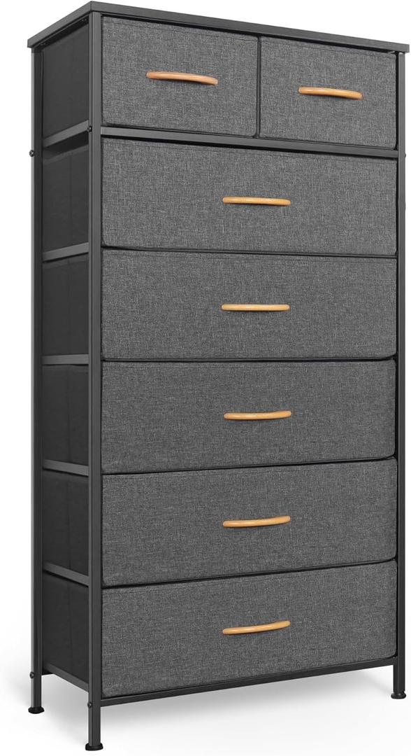 Mifuro Tall Dresser for Bedroom, Vertical Storage Organizer Tower with 7 Drawers, Chest of Drawers with Fabric Bins, Steel Frame, Wood Top for Bedroom, Closet, Entryway- Grey