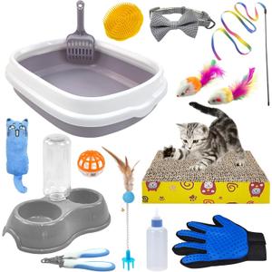Kitten Starter Kit - 15 Piece Cat Essentials Set Includes Litter Box, Toys, Collars, Scratch Pad, Nail File, Automatic Feed Bowls, Grooming Gloves (Gray)