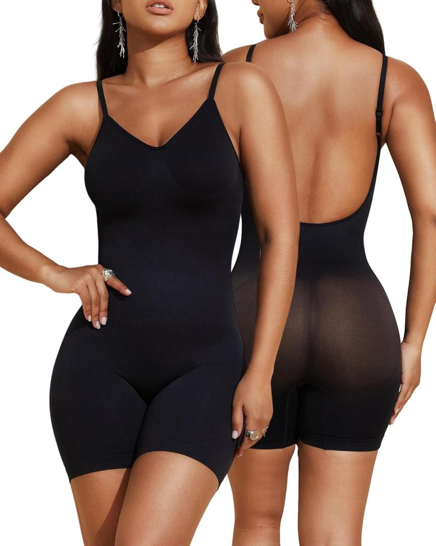 Paukee Women's Backless Shapewear Bodysuit Tummy control Shorts Seamless Body Shaper Light Body Sculpting (Medium, Black)