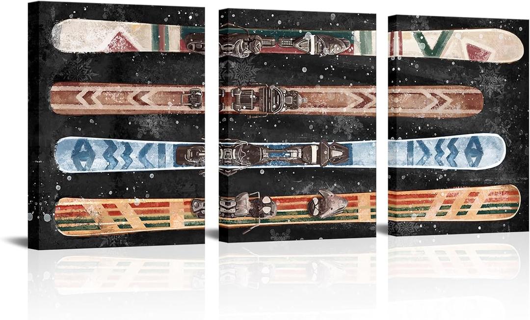 Derkymo Old Styled Snow Ski Canvas Wall Art Rustic Snowboards Picture Artwork Framed for Home (12"x16"x3pcs)