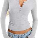 EasyGala Womens Cotton Long Sleeve Shirts V Neck Henley Tops Slim Fit Basic Going Out Tshirts Fall Fashion Outfits 2025 (Medium, Light Heather Grey)