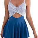 B2prity Women Cutout One Piece Skirt Swimsuit V Neck Tie Back Swimdress Tummy Control Bathing Suit(Stripe,Blue) XS