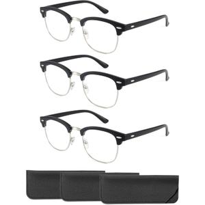 CCVOO 3 Pack Reading Glasses Blue Light Blocking, Retro Semi Rimless Readers for Men Women, Round Eyewear Filter UV400 (C2 Matte Black Silver)