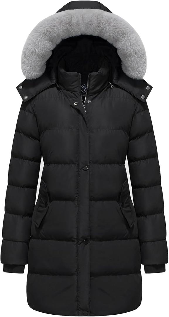 Women's Winter Thicken Puffer Coat (Standard & Plus Size) Warm Snow Jacket with Fur Removable Hood (Black, S)
