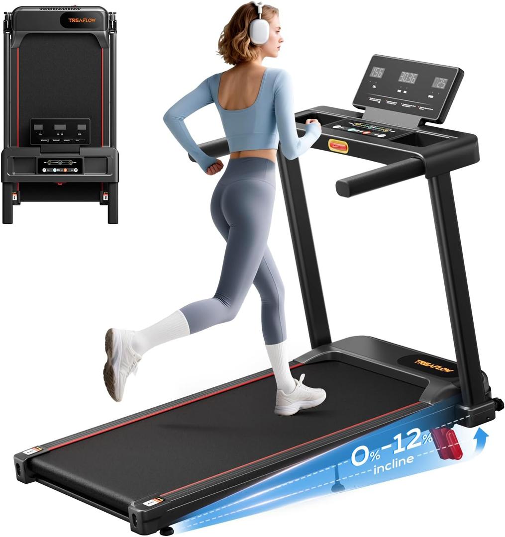 TREAFLOW Treadmill with Incline for Home, Walking Pad with Handle Bar | Foldable Treadmill, Portable Walking Running Machine, Low Noise, LED Display, 6.2 MPH
