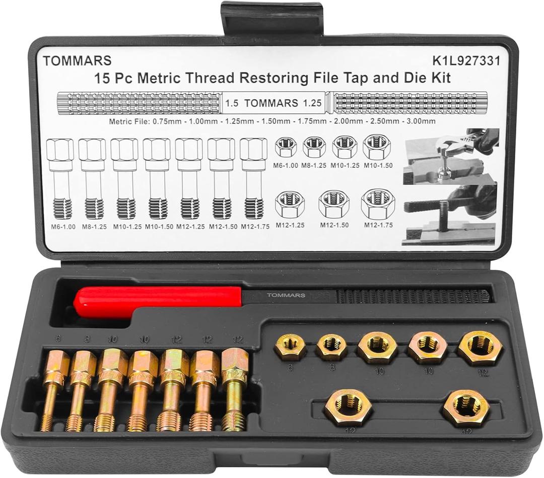 TOMMARS 15-Piece Metric Thread Chaser Set, M6 M8 M10 M12 Thread Restorer Tool Rethreading Repair Kit