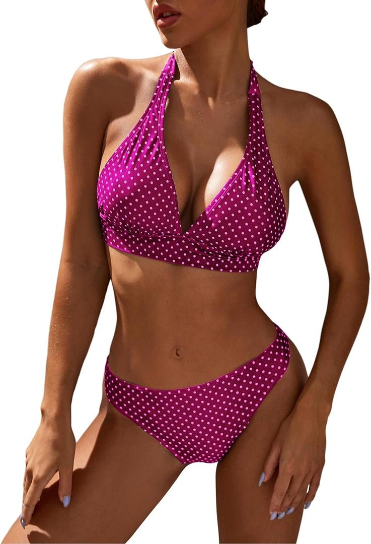 Women's Mid Rise Bikini Suit Halter Neck V Tie Push Up Front Classic Polka Dot Two Swimsuit, XS