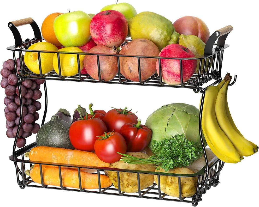 2-Tier Countertop Fruit Basket Bowl Storage with Two Banana Hangers and Wooden Handles, Black