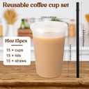 Lounsweer 15 Pcs Clear Reusable Cups with Straws and Lids, Plastic Frosted Round Bottom Ice Coffee Cups Travel Mug Tumbler for Beverage Water Party Birthday Disposable Drinkware (16oz,Black)