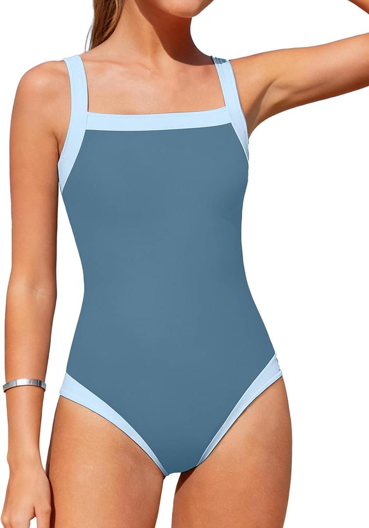 Shallmu Girls Swimsuits Color Block Adjustable Thick Strap One Piece Bathing Suits with Cover Up Skirt Girl's Swimwear 9-16Y (13-14 Years, Blue)