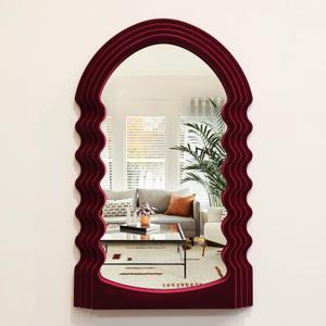 Mirror Wall Decor for Home Office Apartment, Colorful Decorative Mirror for Entryway Porch Fireplace, Irregular Hanging Wall Art Sculpture for Christmas (Wine Red) (16x10")