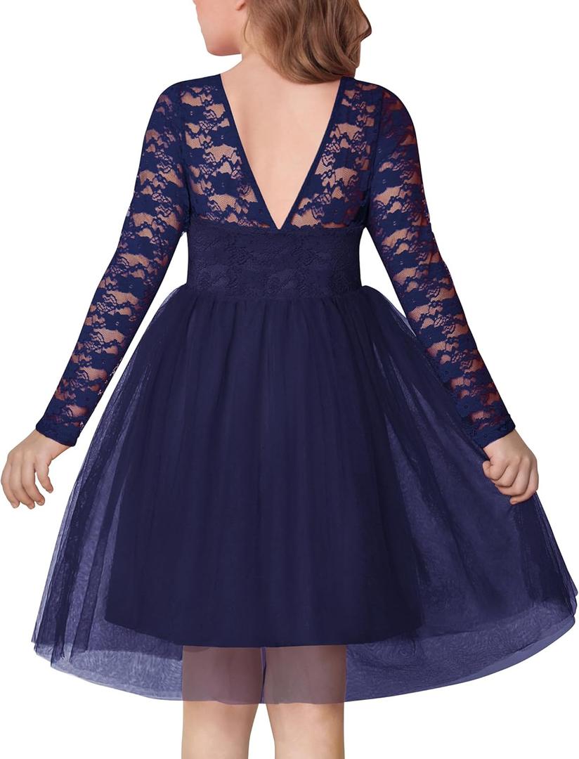 Arshiner Flower Girl Dress V Back Lace Long Sleeve Tulle Special Occasion Wedding Party Dresses (9-10 Years)