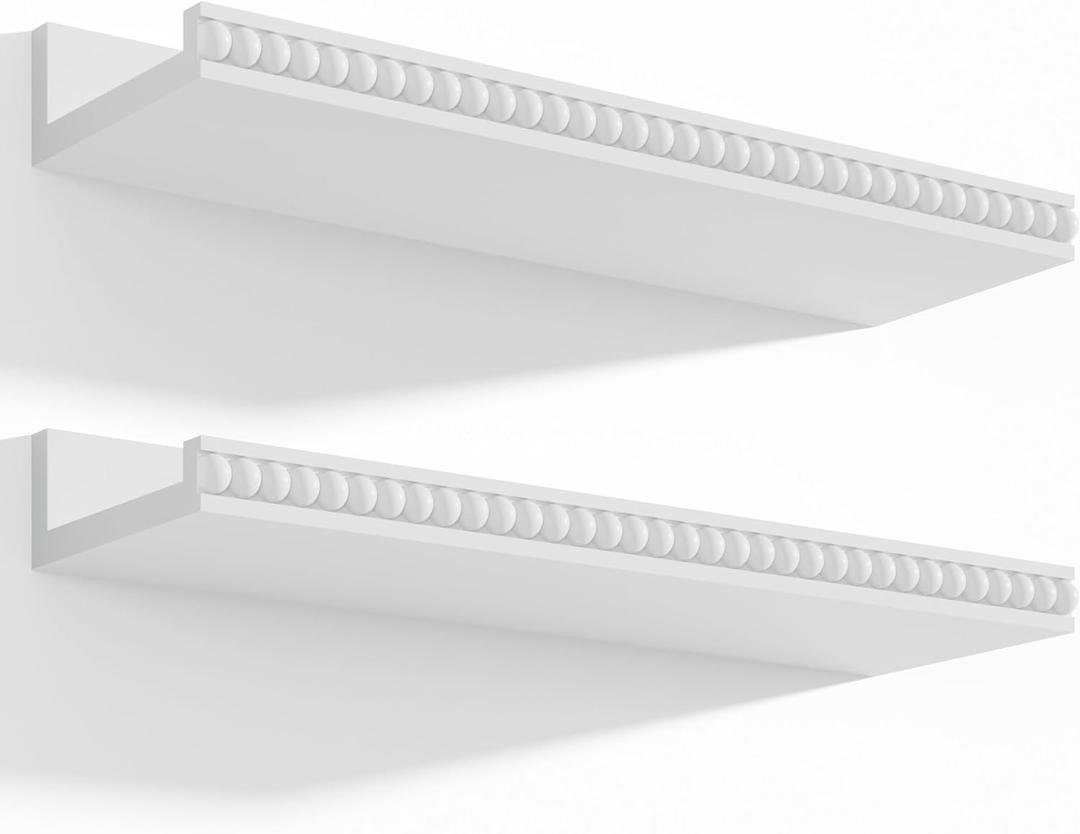 Alsonerbay White Floating Shelves Wall Mounted Set of 2, 15.7 Inch Modern White Shelves with Lip, Wood Wall Shelves with Wooden Beads for Bathroom Bedroom Living Room Nursery and More, Wooden Beads Design