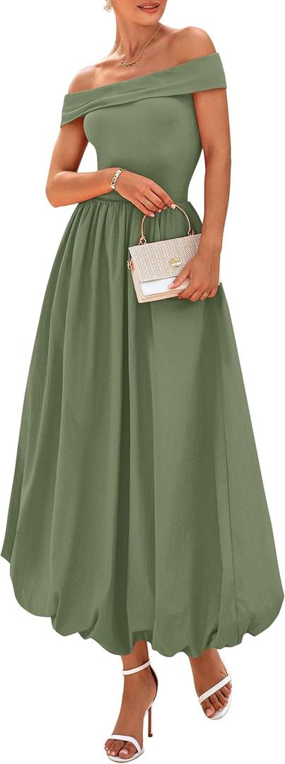 PRETTYGARDEN Womens Summer Off Shoulder Sleeveless Midi Dress Cocktail A Line Flowy Wedding Guest Dresses with Pockets (Army Green, Medium)