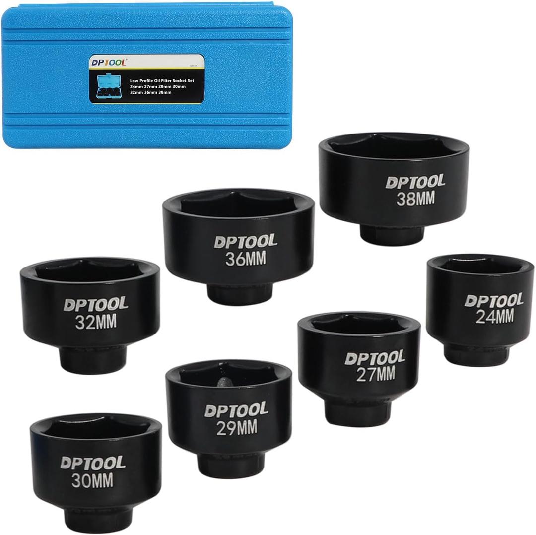 7 Pcs Low Profile Oil Filter Socket Set 6 Point Canister Oil Filter Cap Wrench Remover and Installer Tool Kit Compatible with VW BMW V0lVO Chevy Etc with 3/8" Drive 24mm 27mm 29mm 30mm 32mm 36mm 38mm
