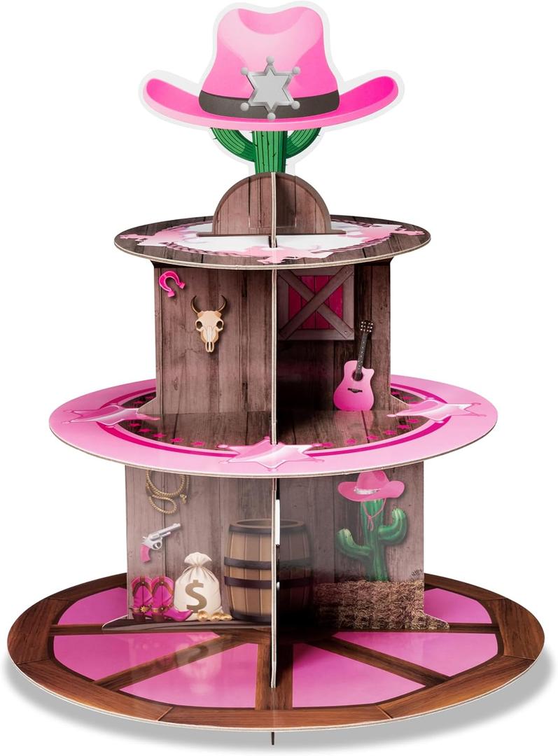 Haooryx Pink Western Cowgirl Cupcake Stand - 3 Tier Wild West Wooden House Barn Door Cupcake Tower Cardboard Dessert Holder for Western Cowgirl Theme Girls Birthday Party Baby Shower Table Supplies