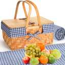 Blushtier Picnic Basket with Blankets Kit, Handwoven Natural Woodchip Basket with Lid Handle and Extra Large Foldable Waterproof Picnic Mat for Outdoor Camping Beach Grass Party Hiking Travel (Blue)