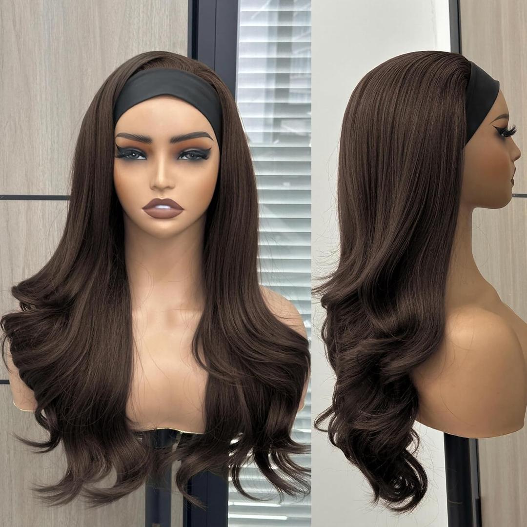 Headband Wig for Women, 20 Inch Long Wavy Synthetic Hair Glueless Wigs, None Lace Front Wigs Half Wig Wear and Go, with 1 Random Pattern Hairband (#4 Brown Color)