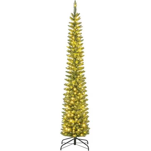 GOFLAME 7FT Pre-Lit Pencil Christmas Tree, Slim Artificial Xmas Tree with Folding Metal Stand, 499 Branch Tips, 200 Warm LED Lights, Space-Saving Holiday Decoration Xmas Tree for Home, Office, School