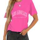 OYOANGLE Women's Letter Graphic Half Sleeve Tshirts Crew Neck Summer Casual Tee Shirts Hot Pink Small