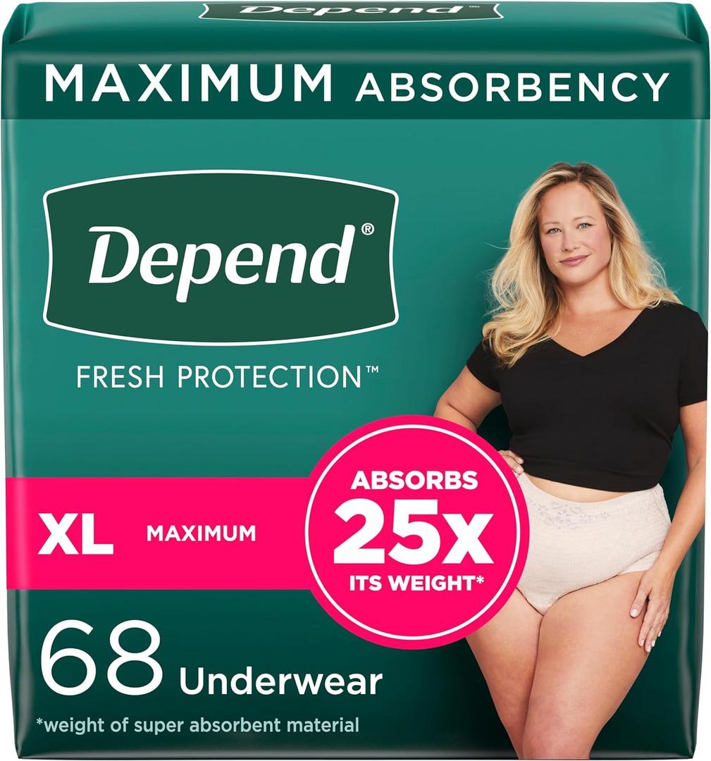 Depend Fresh Protection Adult Incontinence & Postpartum Bladder Leak Underwear for Women, Disposable, Maximum, Extra-Large, Blush, 68 Count (2 Packs of 34), Packaging May Vary (X-Large)