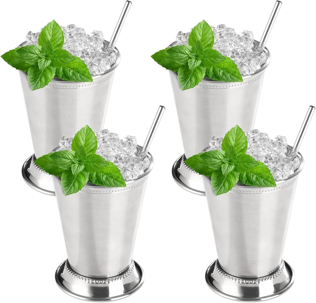 Fijinhom 12oz Mint Julep Cups with Straws Set of 4, Stainless Steel Beaded Mint Julep Cups, Mint Julep Glasses for Cocktails Mixed Drinks, Metal Cups for Beer Juice Beverage Party Bar Home Restaurant