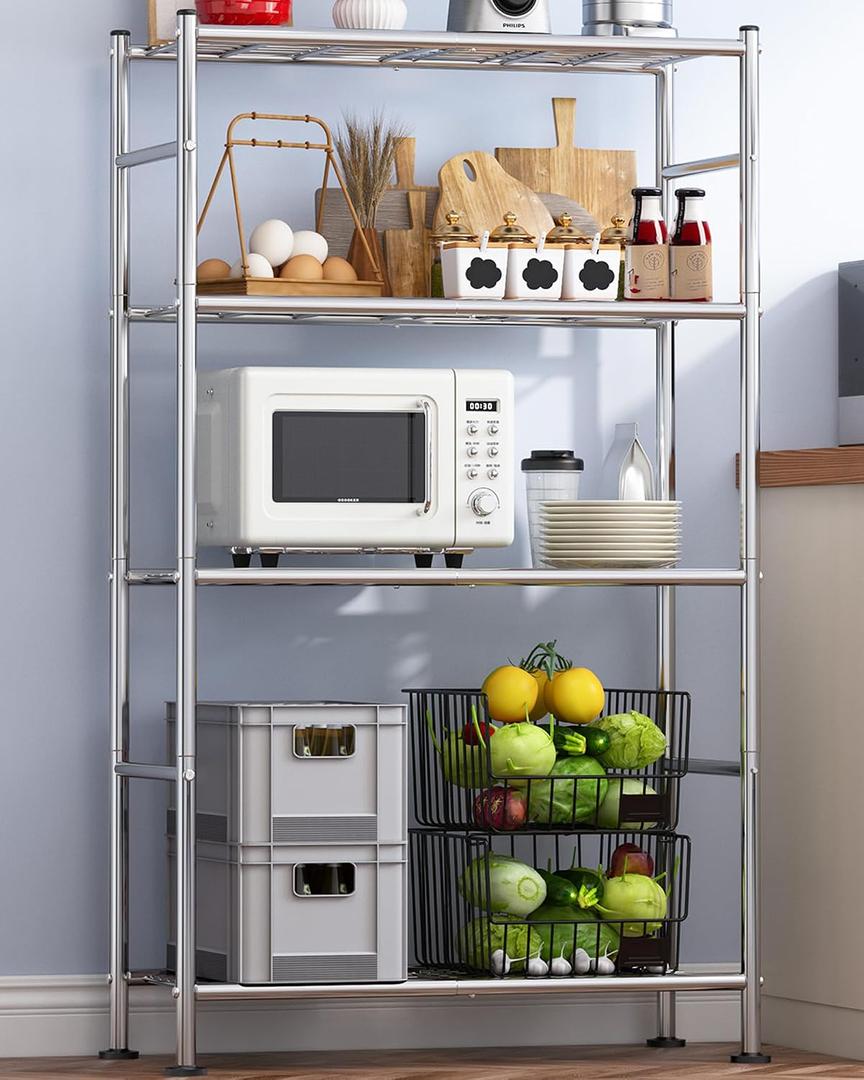 Sakugi Storage Shelves - 4 Tier Shelf Organizer, Heavy Duty Garage Shelving Unit with Leveling Feet, Stable Metal Shelves Organizer for Pantry, Kitchen and Closet, 33.0" W x 12.6" D x 57.2" H, Silver, 33.0W12.6D57.2H