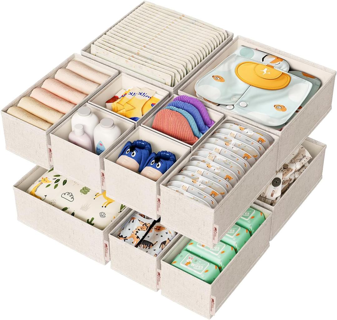 ZenStorage Cotton Linen Drawer Organizer for Baby Clothes, 12Pack Foldable Nursery Dresser Divider, Multi-Size Set Dresser Drawer Organizer for Nursery, Bedroom and Closet, Beige