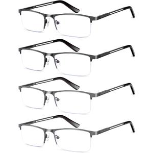 HIGHLIKE 4-Pack Blue Light Reading Glasses for Men, Metal Half Frame Readers Spring Hinge Clear Lens Eyeglasses with Pouches, Semi Rimless 2 Black 2 Gunmetal 2.5 x