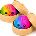 2Pcs Mystery Colorful Dumpling Squishies with Steamer Box, Soft Stretchy Bao Bun Stress Relief Balls, Sensory Fidget Squeeze Toys for Anxiety Relief, Decompression Desk Toys