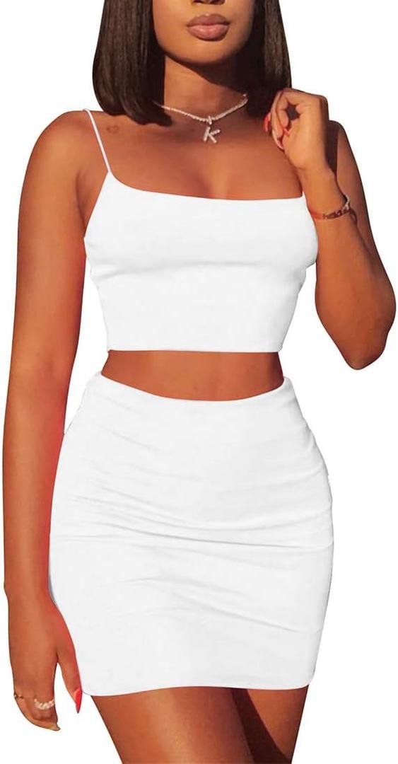 Kaximil Women's Summer 2 Piece Outfits Cami Crop Top Bodycon Skirt Mini Club Dress (Large, White)