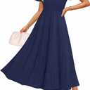 ZESICA Women's Summer Casual Maxi Dress 2026 Puff Short Sleeve V Neck Ruffle Tiered Flowy Boho Beach Dresses (Blue, L)