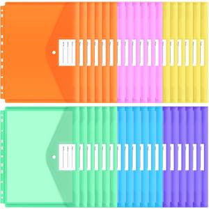 EOOUT 30pcs Binder Pocket, Binder Pockets for 3 Ring, Binder Folders, 11 Holes, Letter Size, Snap Button Pouch with Label for School, Home and Office (Colorful)