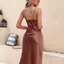 Ekouaer Womens Satin Nightgown Sexy Lingerie Sleepwear Spaghetti Strap Cowl Neck Elegant Long Slip Satin Silk Midi Dress (Brown, L)
