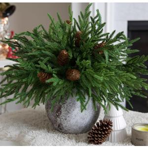 florisso Artificial Christmas Norfolk Pine Stems Branches for Vases,12 Bundles Faux Pine Branches with 5 PCS Big Fake Pinecones Stems Greenery Evergreen Real Touch for Holiday Winter Table Xmas Decor