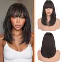 Haloo Brown Bob Wigs with Bangs Shoulder Length Straight Natural Looking Synthetic Heat Resistant Medium Hair Wigs for Women Daily Party, 16 Inch, Dark Brown