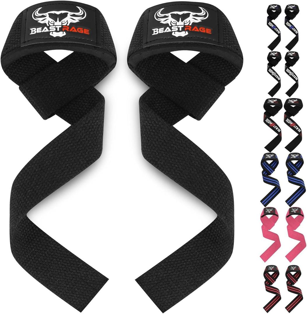 BEAST RAGE Lifting Straps for Weightlifting, Weight Lifting Straps Gym Power Workouts Lifting Wrist Straps Padded Cotton Men Women Support Lifters Deadlift Straps Hard Pull Exercise Straps (Black)