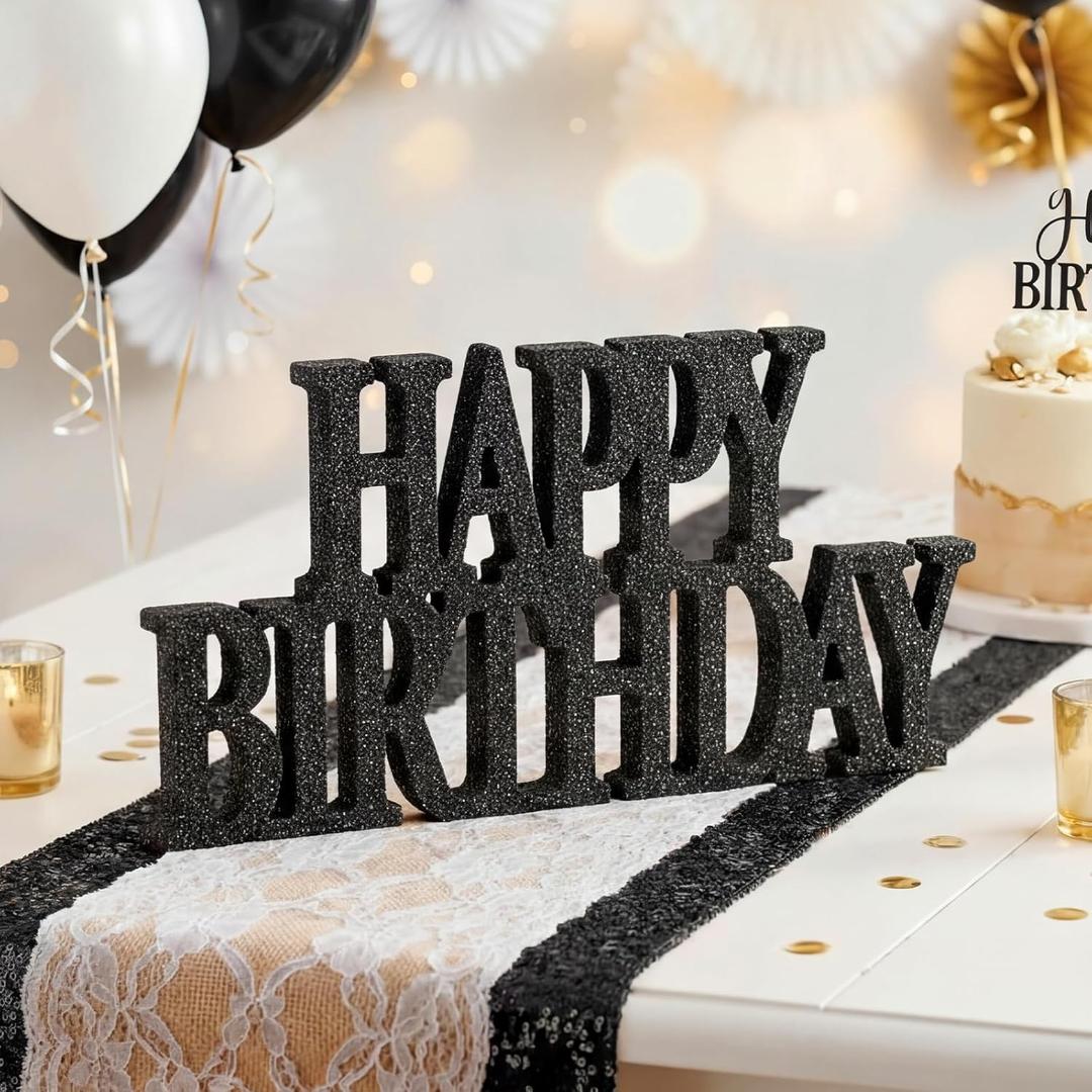 Novabright Glitter Black Happy Birthday Sign Centerpieces for Table Birthday Party Decorations for Women Bday Birthdays Themed Celebration Party Supplies