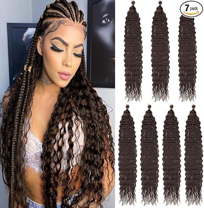 24 Inch Ocean Wave 7Pack Crochet hair Extexsions Long Braids Dark Brown Deep wave Synthetic hair Curly Braiding hair for Black Women 4#