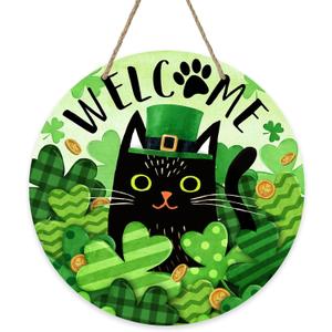 Welcome St. Patrick's Day Black Cat Front Door Sign, Shamrock Clover Top Hat Wood Door Hanger Outdoor Outside Porch Decor, Spring Gold Coins Irish Wooden Wreath Indoor Wall Hanging Decoration