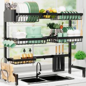 Dish Drying Rack - Over The Sink Dish Drainer Drying Rack with Utensil & Knife Holder, Hooks, Stainless Steel Kitchen Organizers and Storage Solution, 11.8" D x 31.5"~39.0''W x 30" H, Black