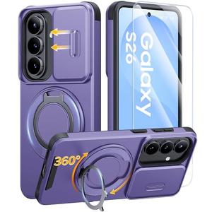 JAME for Samsung Galaxy S26 Case, Ring Holder Stand Kickstand, Slide Camera Cover with Screen Protector, Dual-Layer Shockproof Protective, Magnetic Accessory Friendly Galaxy S26 Phone Case, Purple