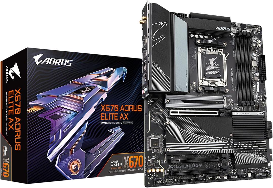 GIGABYTE X670 AORUS Elite AX (AM5/ LGA 1718/ AMD/ X670/ ATX/ DDR5/ Quad M.2/ PCIe 5.0/ USB 3.2 Gen2X2 Type-C/AMD WiFi 6E/ 2.5GbE LAN/Q-Flash Plus/M.2 EZ-Latch/Gaming Motherboard)