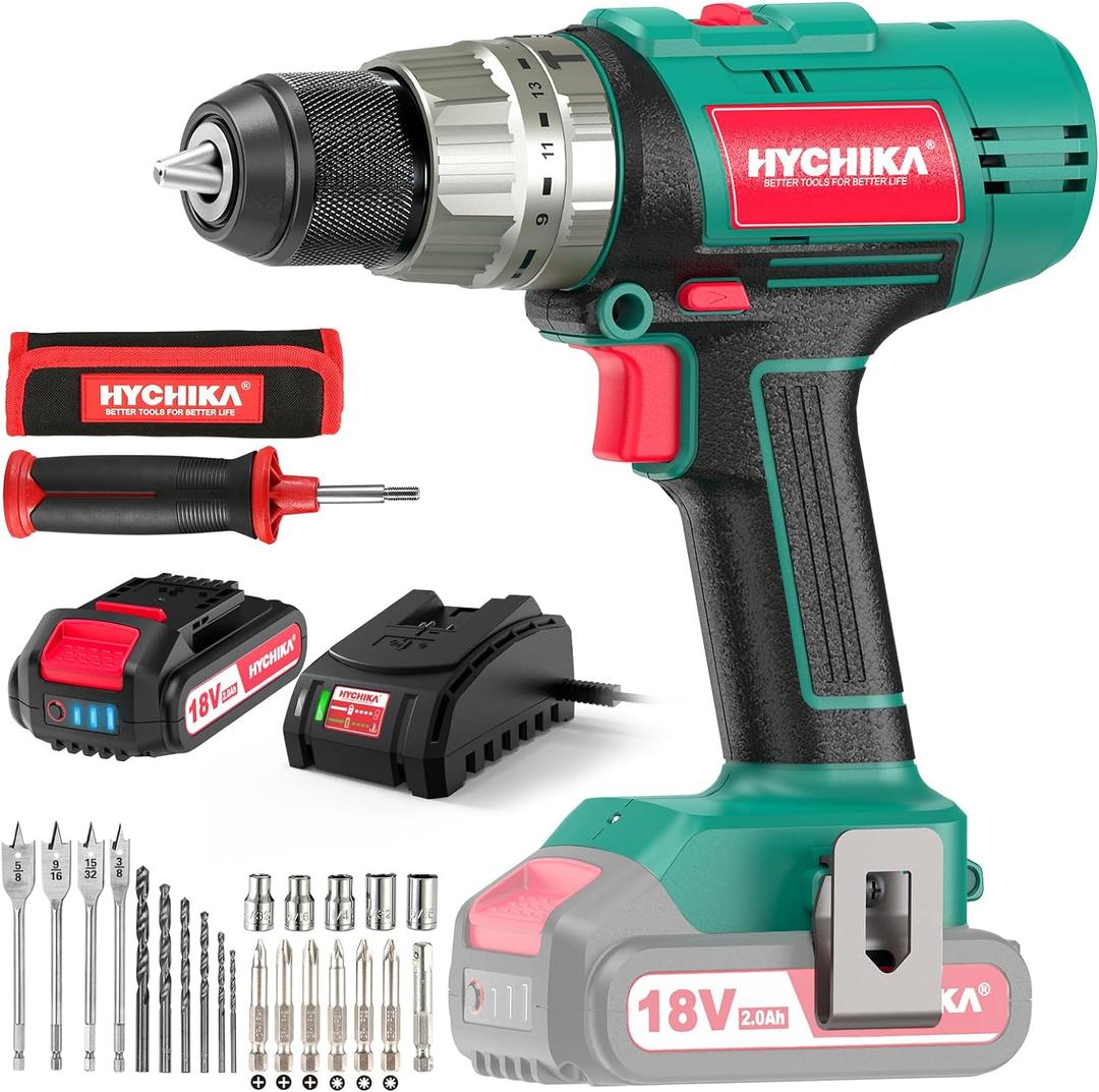 Cordless Hammer Drill Driver 18V, HYCHIKA 400 In-lbs Torque Power Drill with Auxiliary Handle, 1/2 Metal Chuck, 2.0Ah Battery, 1H Fast Charger, 21+3 Clutch, LED Light for Drilling Wood Metal Wall