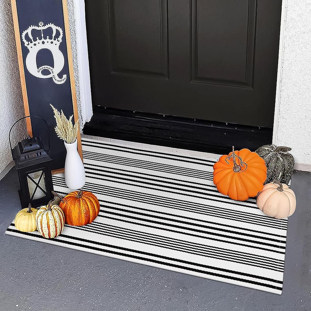 OJIA Fall Front Door Mats Outdoor 24"x35", Cotton Woven Halloween Doormat Front Door Rug Washable Indoor Door Mat Black and White Outdoor Rugs Striped Rug for Porch Decor/Farmhouse/Entryway
