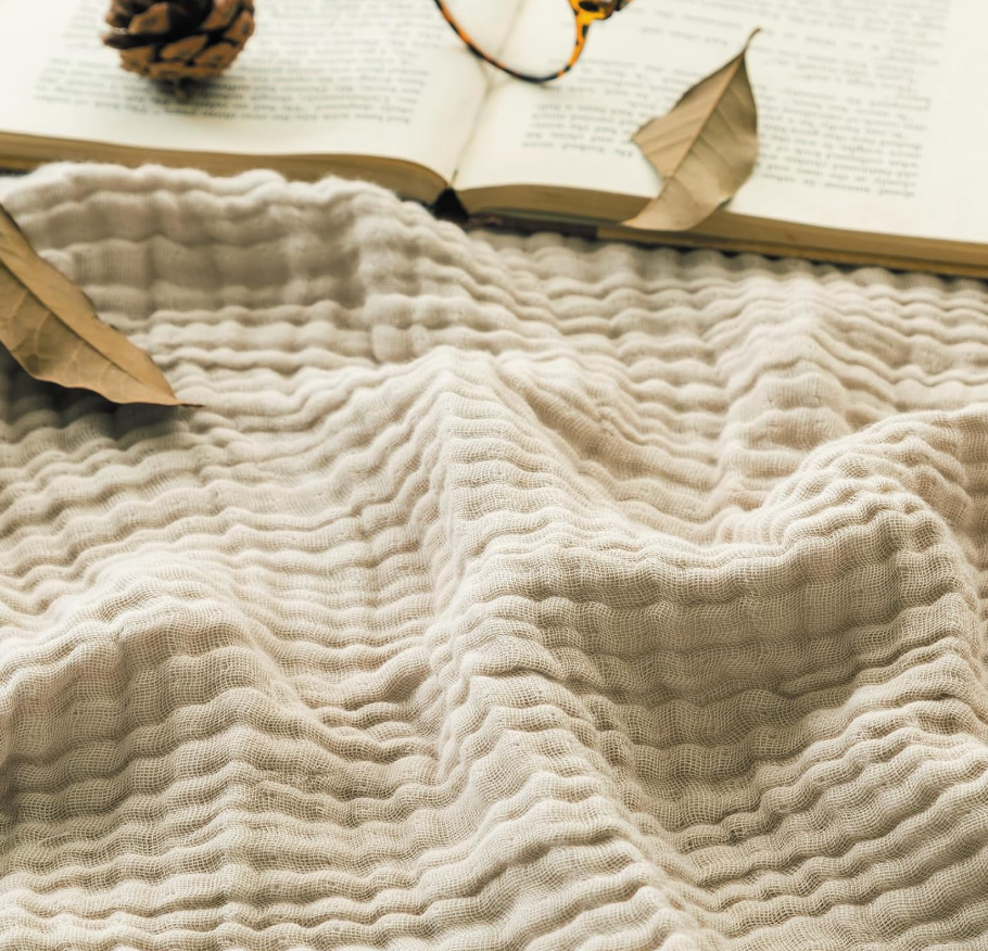 EMME Cotton Throw Blanket Large 50"x70" Gifts for Women 100% Muslin for Couch Breathable Gauze All Season Light Tan Soft and Lightweight PreWashed